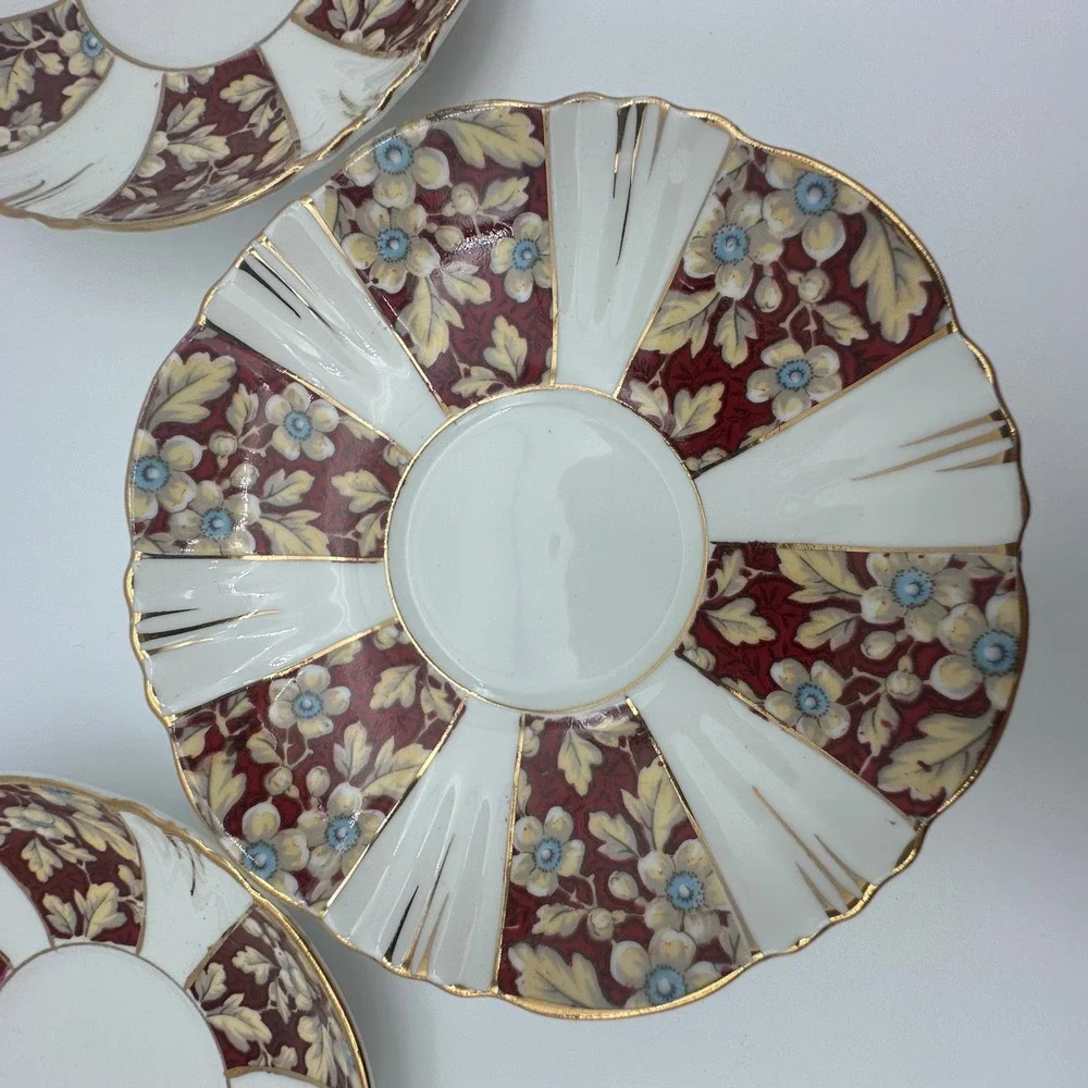Royal Albert Brocade Art Deco Panel Shape Teacups and Saucers Set of 3 Burgundy